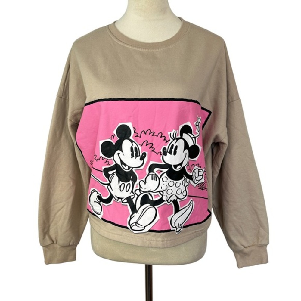 Disney Mickey Mouse Graphic Sweatshirt Crew Neck Pullover Beige Pink Women Large